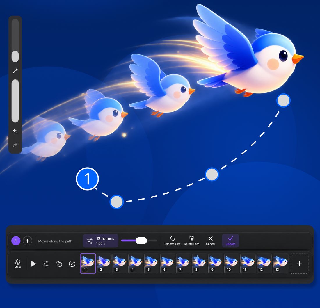 A bird following a drawn path, shown at several frames