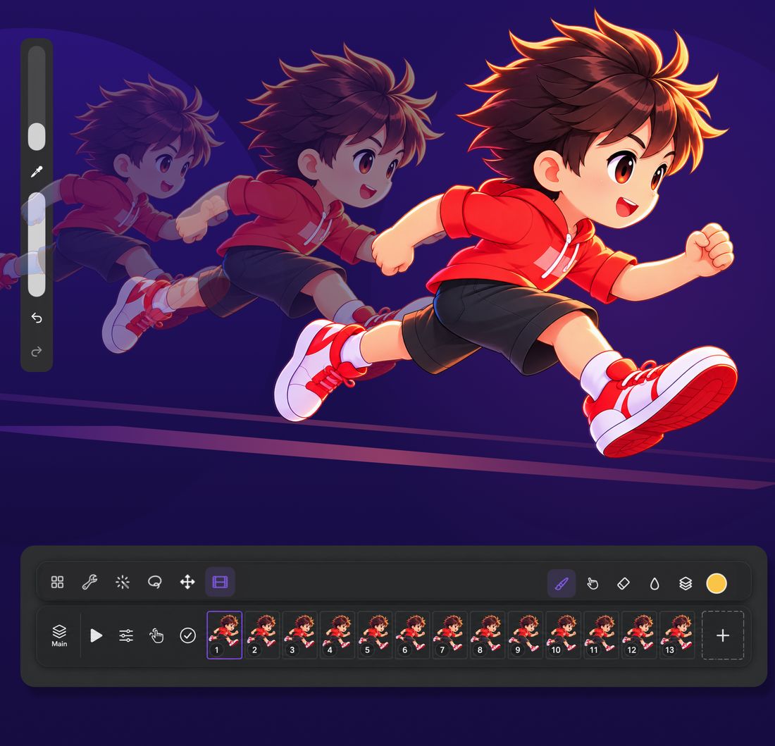 A running boy drawn over several frames, with the frame timeline below