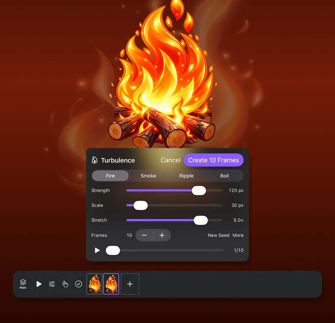 A campfire animated with the Turbulence effect
