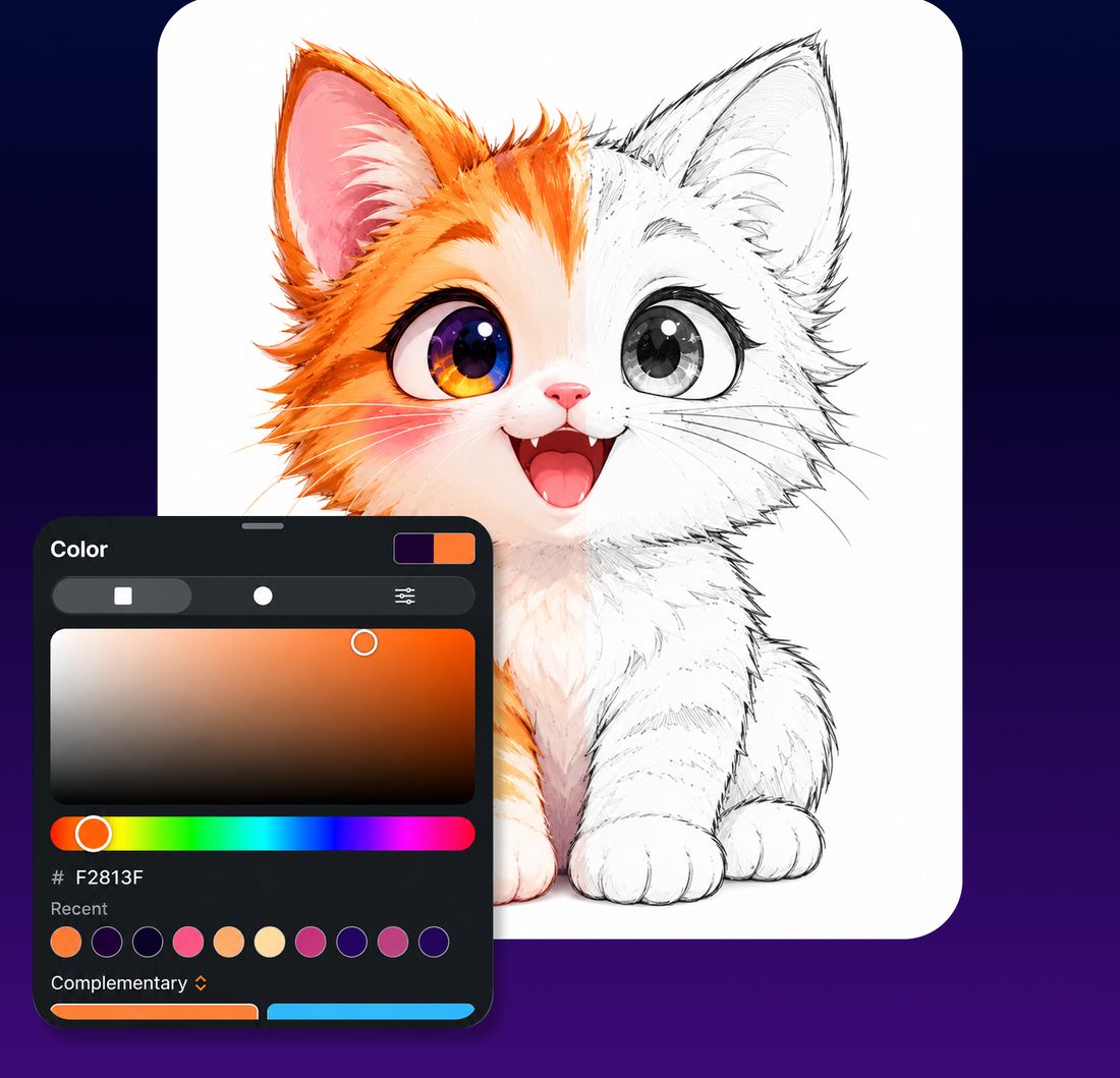 The color picker next to a drawing of a cat