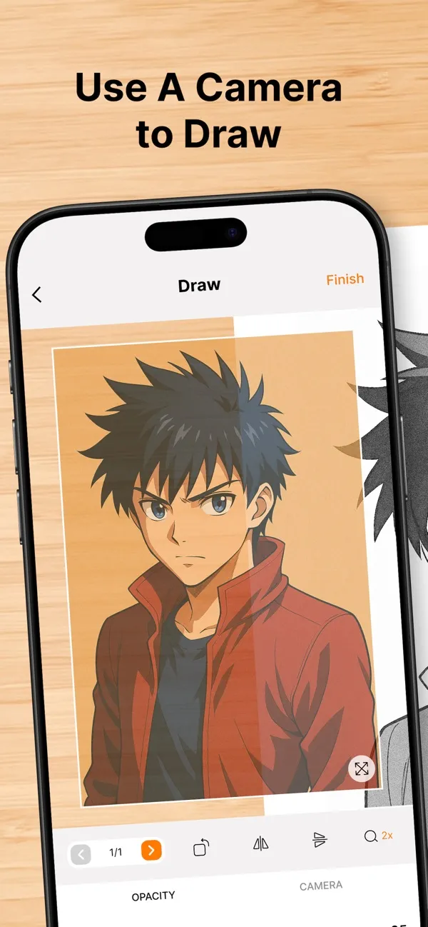 AR Draw drawing screen: the picture over the live camera view, with opacity and camera controls