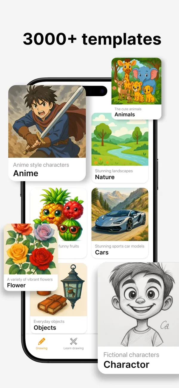 AR Draw template library: anime, animals, nature, cars, flowers and objects